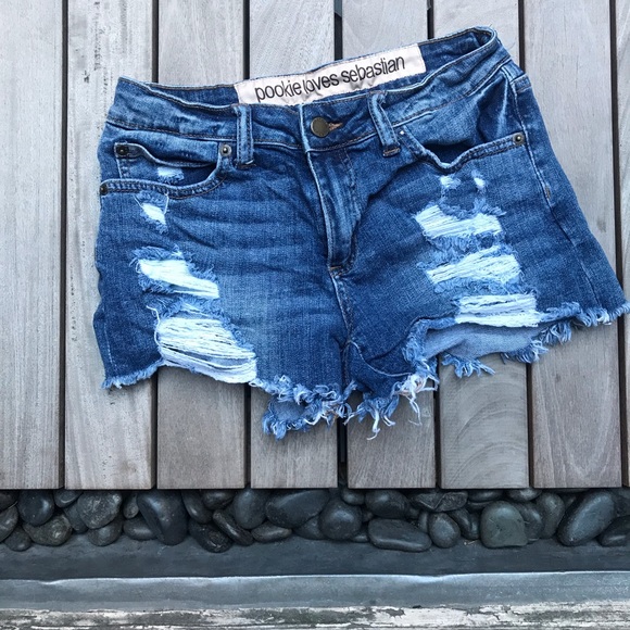 POOKIE LOVES SEBASTIAN Blue Ripped Denim Shorts - Picture 1 of 4